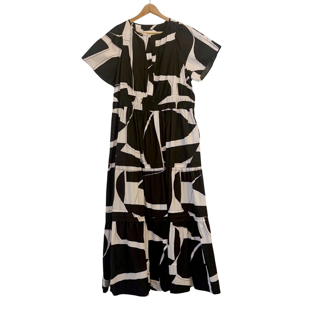 Anthropologie Maeve Somerset Maxi Dress 1X Abstract Geometric Tiered Smocked - Picture 2 of 13
